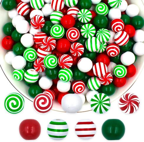 240 قطعة من الخرز الخشبي لحلوى عيد الميلاد، خرز حلوى المصاصة مع لون أحمر وأخضر وأبيض، خرزة حرفية مستديرة لحرف مجوهرات إكليل DIY لمستلزمات حفلات شجرة عيد الميلاد ديكور المنزل in Kuwait