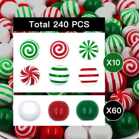240 قطعة من الخرز الخشبي لحلوى عيد الميلاد، خرز حلوى المصاصة مع لون أحمر وأخضر وأبيض، خرزة حرفية مستديرة لحرف مجوهرات إكليل DIY لمستلزمات حفلات شجرة عيد الميلاد ديكور المنزل in Kuwait