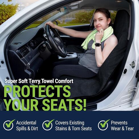 Terry Cloth Sweat Towel Seat Cover; Carseat Towel Protector; Great for Gym Workout; Waterproof; Universal Fit for Car SUV Van Truck; EZ fit; Non Slip Grip; Machine Washable; 2pc Black in Saudi Arabia