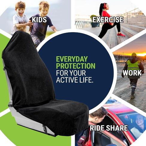Terry Cloth Sweat Towel Seat Cover; Carseat Towel Protector; Great for Gym Workout; Waterproof; Universal Fit for Car SUV Van Truck; EZ fit; Non Slip Grip; Machine Washable; 2pc Black in Saudi Arabia