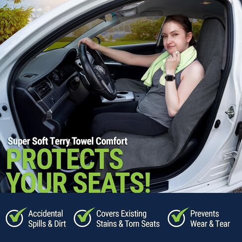 Terry Cloth Sweat Towel Seat Cover; Carseat Towel Protector; Great for Gym Workout; Waterproof; Universal Fit for Car SUV Van Truck; EZ fit; Non Slip Grip; Machine Washable; 2pc Black in Saudi Arabia