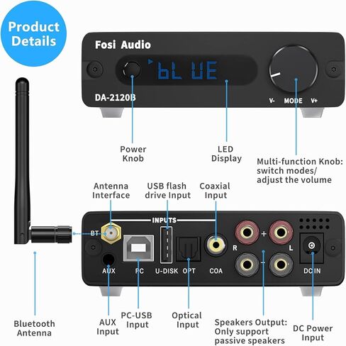 Fosi Audio DA2120B بلوتوث 5.0 صوت ستيريو 2.0 قناة استقبال مكبر للصوت صغير هاي فاي مضخم الطاقة الرقمي DAC AUX USB U-Disk بصري محوري لتحويل الصوت مع جهاز التحكم عن بعد 100 واط × 2 in Kuwait