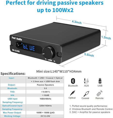 Fosi Audio DA2120B بلوتوث 5.0 صوت ستيريو 2.0 قناة استقبال مكبر للصوت صغير هاي فاي مضخم الطاقة الرقمي DAC AUX USB U-Disk بصري محوري لتحويل الصوت مع جهاز التحكم عن بعد 100 واط × 2 in Kuwait