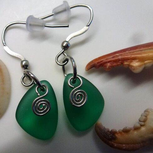 Green Sea Glass Earrings Small 0.5 Inches Nautical Ocean Coast Hawaiian Foam Beach Handmade Mermaid Tears Jewelry for Women and Girls Gift Under 20 Dollars in Saudi Arabia