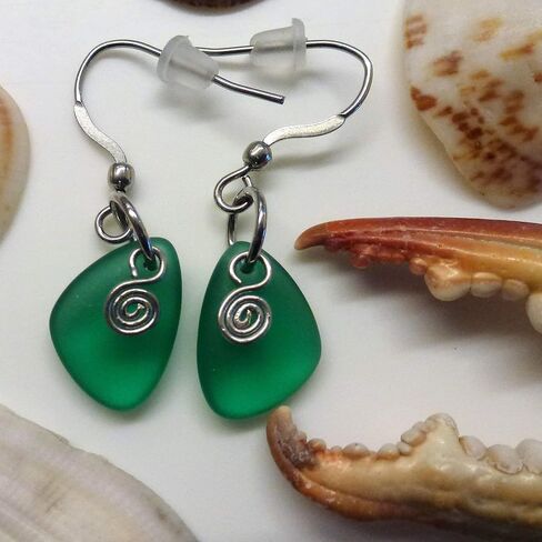 Green Sea Glass Earrings Small 0.5 Inches Nautical Ocean Coast Hawaiian Foam Beach Handmade Mermaid Tears Jewelry for Women and Girls Gift Under 20 Dollars in Saudi Arabia