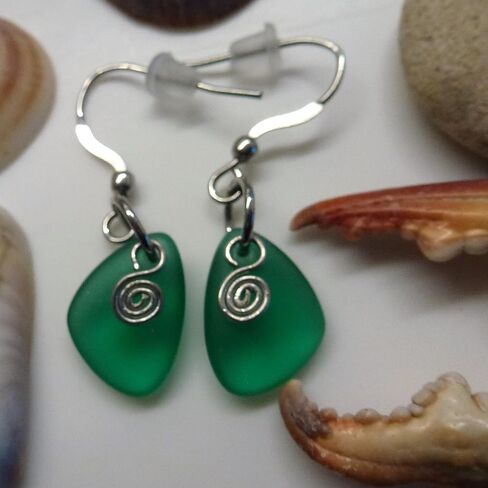 Green Sea Glass Earrings Small 0.5 Inches Nautical Ocean Coast Hawaiian Foam Beach Handmade Mermaid Tears Jewelry for Women and Girls Gift Under 20 Dollars in Saudi Arabia