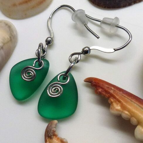 Green Sea Glass Earrings Small 0.5 Inches Nautical Ocean Coast Hawaiian Foam Beach Handmade Mermaid Tears Jewelry for Women and Girls Gift Under 20 Dollars in Saudi Arabia