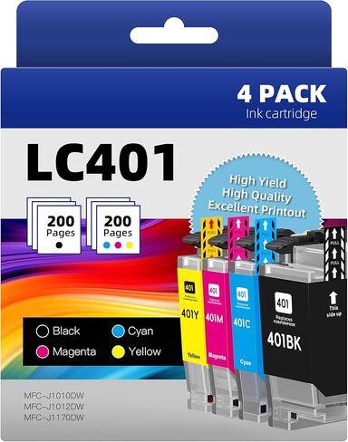 خراطيش حبر LC401 بديلة متوافقة لطابعة Brother LC 401 LC-401 LC401XL ذات إنتاجية عالية لطابعة Brother MFC-J1010DW MFC-J1012DW MFC-J1170DW (أسود، سماوي، أرجواني، أصفر، 4 عبوات) in Kuwait