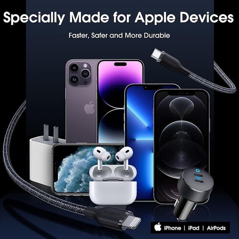 ترقية CASEKOO 2023 [الشحن الأسرع والأكثر أمانًا] [لا ينكسر أبدًا] سلك شاحن iPhone معتمد من Apple MFi بطول 6 أقدام، كابل USB C مجدول من النايلون لهاتف iPhone 14/13/12 Pro Max in Kuwait