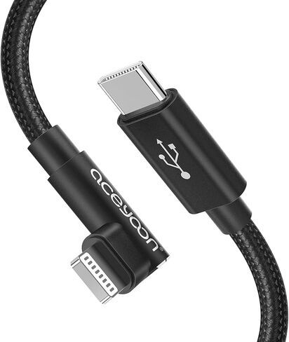 كابل Aceyoon Apple MFi معتمد بطول 2 متر/6 قدم USB C إلى كابل Ligthning، زاوية يمنى 90 درجة شحن سريع سلك مجدول من النايلون متوافق مع iPhone 14 13 12 11 8 7 Pro SE Max XS XR، iPad in Kuwait