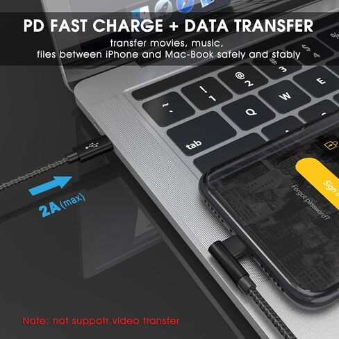 كابل Aceyoon Apple MFi معتمد بطول 2 متر/6 قدم USB C إلى كابل Ligthning، زاوية يمنى 90 درجة شحن سريع سلك مجدول من النايلون متوافق مع iPhone 14 13 12 11 8 7 Pro SE Max XS XR، iPad in Kuwait