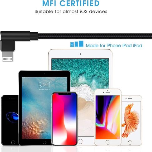 كابل Aceyoon Apple MFi معتمد بطول 2 متر/6 قدم USB C إلى كابل Ligthning، زاوية يمنى 90 درجة شحن سريع سلك مجدول من النايلون متوافق مع iPhone 14 13 12 11 8 7 Pro SE Max XS XR، iPad in Kuwait