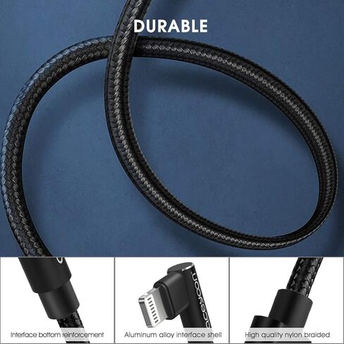 كابل Aceyoon Apple MFi معتمد بطول 2 متر/6 قدم USB C إلى كابل Ligthning، زاوية يمنى 90 درجة شحن سريع سلك مجدول من النايلون متوافق مع iPhone 14 13 12 11 8 7 Pro SE Max XS XR، iPad in Kuwait