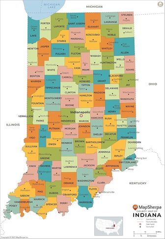 Indiana Counties Map - Standard - 36" x 52.25" Laminated in Saudi Arabia