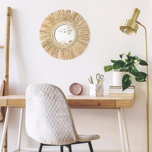 SWTHONY 16 Inch Round Hanging Farmhouse Wall Mirror, Woven Rattan Boho Circle Mirrors for Wall Decor, Wall Mounted Mirror for Bedroom, Living Room, Bedroom, Bathroom in Saudi Arabia