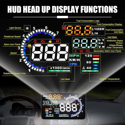 X AUTOHAUX 5.5 Inch HUD Head Up Display Speedometer 5-Color Windshield Screen Display Universal Digital Speedometer Speeding Warning Fuel Consumption KMH/MPH for Car with OBDII EUOBD in Saudi Arabia