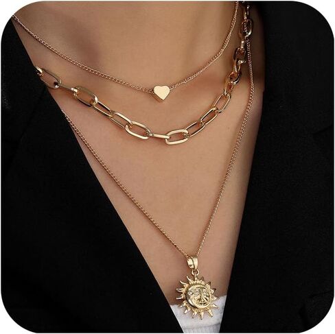 Gold Layered Necklaces for Women, Dainty Layering Chain Necklace Stackable Pendant Choker Necklaces Trendy Jewelry Gifts in Saudi Arabia