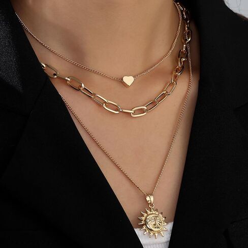 Gold Layered Necklaces for Women, Dainty Layering Chain Necklace Stackable Pendant Choker Necklaces Trendy Jewelry Gifts in Saudi Arabia