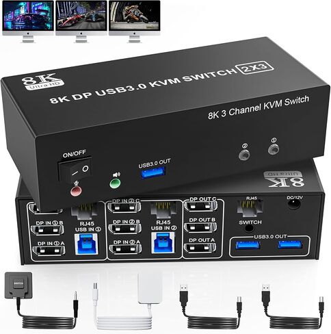 محول 8K@60 هرتز USB3.0 KVM 3 شاشات 2 جهاز كمبيوتر 4K@144 هرتز، DP1.4 Displayport KVM Switch شاشة ثلاثية لجهازي كمبيوتر مشاركة 3 شاشات، موزع RJ45 Ethernet 1 إلى 2، منفذ ميكروفون صوتي و3 أجهزة USB3.0 in Kuwait