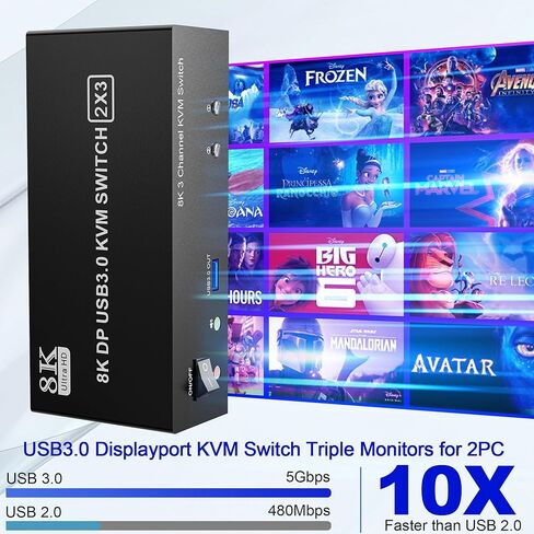 محول 8K@60 هرتز USB3.0 KVM 3 شاشات 2 جهاز كمبيوتر 4K@144 هرتز، DP1.4 Displayport KVM Switch شاشة ثلاثية لجهازي كمبيوتر مشاركة 3 شاشات، موزع RJ45 Ethernet 1 إلى 2، منفذ ميكروفون صوتي و3 أجهزة USB3.0 in Kuwait