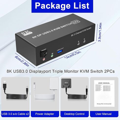 محول 8K@60 هرتز USB3.0 KVM 3 شاشات 2 جهاز كمبيوتر 4K@144 هرتز، DP1.4 Displayport KVM Switch شاشة ثلاثية لجهازي كمبيوتر مشاركة 3 شاشات، موزع RJ45 Ethernet 1 إلى 2، منفذ ميكروفون صوتي و3 أجهزة USB3.0 in Kuwait