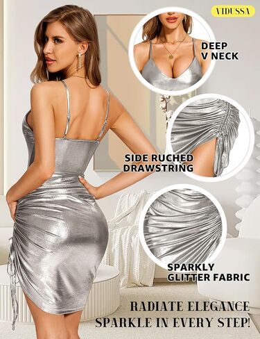 VIDUSSA Glitter Sparkly Dresses for Women - Spaghetti Strap V Neck Metallic Dress Ruched Bodycon Midi Cocktail Party Dress in Saudi Arabia