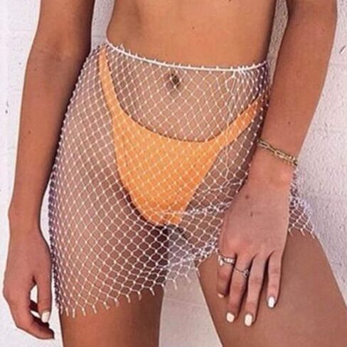 Asooll الأبيض شبكة كريستال تنورة حجر الراين شبكة صيد السمك التنانير الرقص الشرقي وشاح الورك موضة حفلة الهذيان مجوهرات الجسم للنساء والفتيات in Kuwait