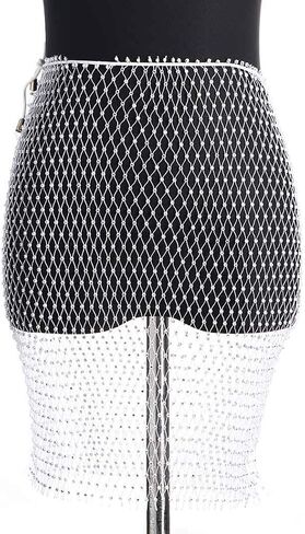 Asooll الأبيض شبكة كريستال تنورة حجر الراين شبكة صيد السمك التنانير الرقص الشرقي وشاح الورك موضة حفلة الهذيان مجوهرات الجسم للنساء والفتيات in Kuwait