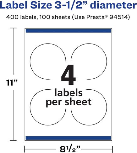 Avery Durable Waterproof Round Labels with Sure Feed, 3.5" Diameter, 100 Oil and Tear-Resistant Waterproof Labels, Print-to-The-Edge, Laser/Pigment-Based Inkjet Printable Labels in Saudi Arabia