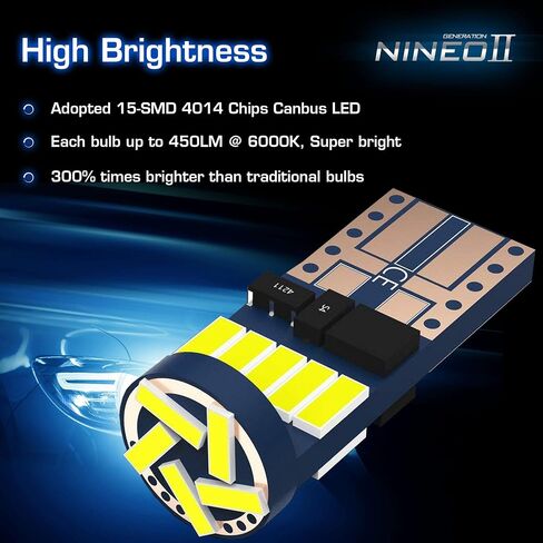 NINEO T10 LED BULBS 10 قطع، 194 921 مع 15-SMD 4014 رقائق 6000K أبيض للسيارة الداخلية باب قبة خريطة احتياطية عكس لوحة الترخيص مجاملة الجانب علامة وقوف السيارات جذع صندوق القفازات الخفيفة in Kuwait