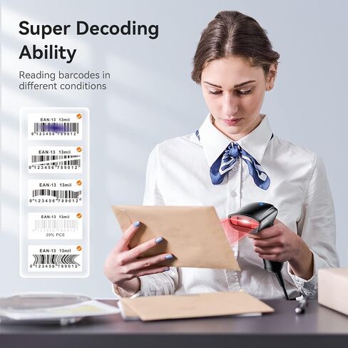 Barcode Scanner, Handheld Inventory 1D Bar Code Scanners for Computer, Automatic Label UPC EAN Reader with 6ft/2m Long USB Cable Used for Supermarket Warehouse Library and More in Saudi Arabia