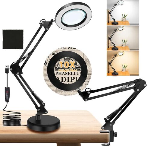 10X Magnifying Glass with Light and Stand, 2 in 1 Magnifying Desk Lamp with Heavy Duty Base & Clamp, 3 Color Mode 10 Level Dimmable Magnifier with LED Light for Hobby Soldering Reading Detail Works in Saudi Arabia