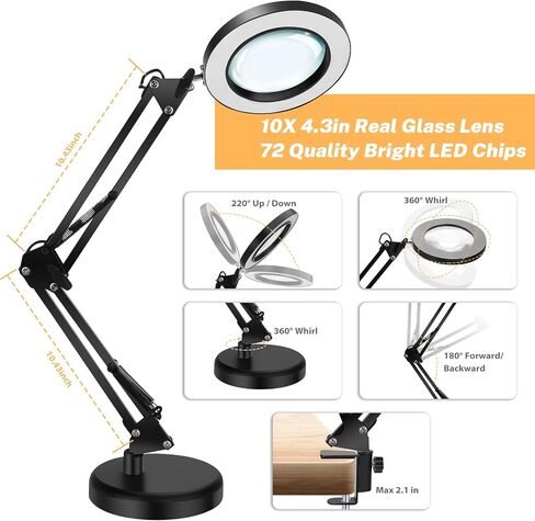 10X Magnifying Glass with Light and Stand, 2 in 1 Magnifying Desk Lamp with Heavy Duty Base & Clamp, 3 Color Mode 10 Level Dimmable Magnifier with LED Light for Hobby Soldering Reading Detail Works in Saudi Arabia