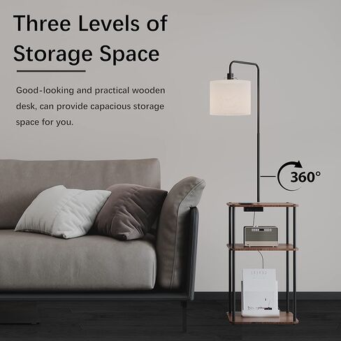 Floor Lamp with Table, Lamps for Living Room with Charging Station(USB &Type-C &AC Port), Rustic End Table Lamp with Shelves & 3-Color Temperature LED Bulb, Lamp Table for Living Room, Bedroom in Saudi Arabia