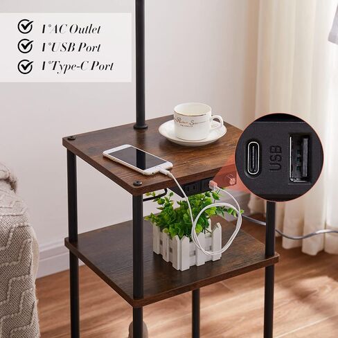 Floor Lamp with Table, Lamps for Living Room with Charging Station(USB &Type-C &AC Port), Rustic End Table Lamp with Shelves & 3-Color Temperature LED Bulb, Lamp Table for Living Room, Bedroom in Saudi Arabia