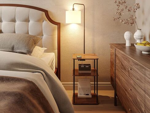 Floor Lamp with Table, Lamps for Living Room with Charging Station(USB &Type-C &AC Port), Rustic End Table Lamp with Shelves & 3-Color Temperature LED Bulb, Lamp Table for Living Room, Bedroom in Saudi Arabia