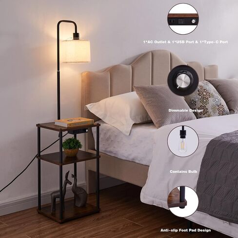 Floor Lamp with Table, Lamps for Living Room with Charging Station(USB &Type-C &AC Port), Rustic End Table Lamp with Shelves & 3-Color Temperature LED Bulb, Lamp Table for Living Room, Bedroom in Saudi Arabia