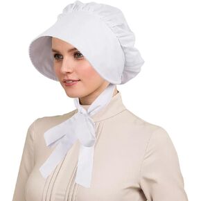 White Bonnet, Vintage Colonial Hat Costume for Women, Pioneer Bonnet Mob Hat Maid Cap with Adjustable Straps Dress Up Cosplay Accessories for Halloween Thanksgiving