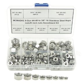 #4-40 to 3/8"-16 Stainless Steel Keps Nuts/K-Lock Nuts Assortment Kit;Hex Nuts with Tooth washers for #4-40#6-32#8-32#10-24#10-32#12-24 1/4"-20 5/16"-18 3/8"-16 Screws/Bolts