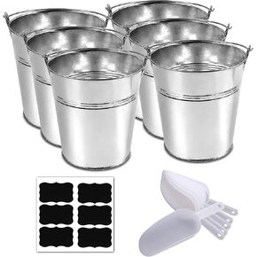 6 Metal Buckets With Chalkboard Stickers And Plastic Kitchen Scoops, Small Galvanized Buckets ,For Birthday, Wedding Party, Garden Planters , Party Supplies,Decorations ,5 Inch Tin Buckets - (tie 6)