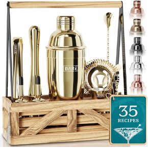 BARE BARREL® Mixology Bartender Kit Bar Set | Martini Cocktail Shaker Set | Barware Mixing Tools for Home Bartending | Farmhouse Rustic Portable Caddy & 35 Recipe Cards | Gift Set (Aged Copper)