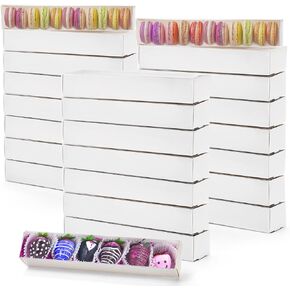 Dicunoy 25 Pack Macaron Boxes, 12 inch Empty Strawberry Boxes with Clear Window, Long Chocolate Treat Gift Box for Bakery, Cookie, Truffles Cake, Desserts, Mini Cupcakes, Muffins Packaging