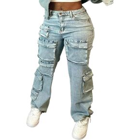 SHINFY Women Cargo Jeans Loose High Waisted Wide Leg Y2K Baggy Denim Cargo Pants with Flap Pockets