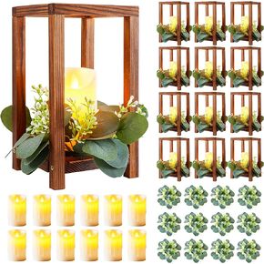 12 Set 36 Pcs Wooden Wedding Lantern Centerpiece,Include 12 Wooden Candle Holders 12 LED Candles 12 Eucalyptus Leaves Wreath for Rustic Wedding Table Decoration,Country Barn Wedding Gift