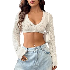 GORGLITTER Women's Crochet Cardigan Button Front Long Sleeve Scoop Neck Crop Knit Top