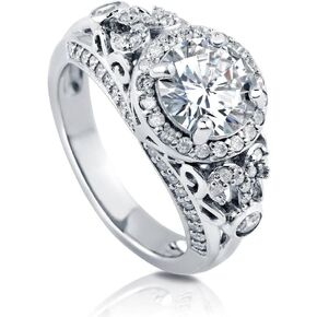 BERRICLE Sterling Silver Halo Wedding Engagement Rings Round Cubic Zirconia CZ Art Deco Ring for Women, Rhodium Plated Size 4-10