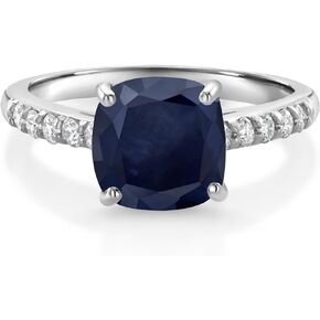 Gem Stone King 10K White Gold Blue Sapphire and White Lab Grown Diamond Engagement Ring For Women (3.02 Cttw, Cushion 8MM, Gemstone September Birthstone, Available In Size 5, 6, 7, 8, 9)