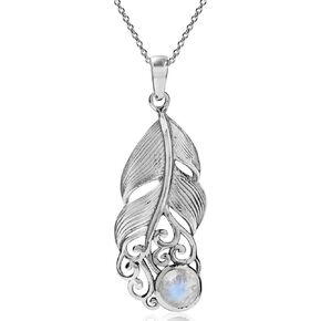 Silvershake Natural Moonstone 925 Sterling Silver Feather Victorian Style Pendant with 18 Inch Chain Necklace