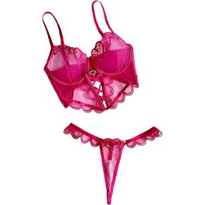 SweatyRocks Women's Lingerie Set Embroidered Mesh See Through Crisscross Bra and Thongs Set