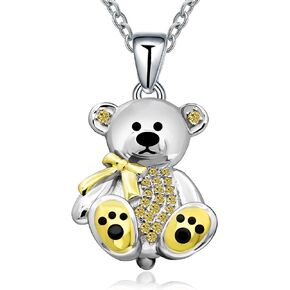 Teddy Bear Gift for Women Girl Sterling Silver Cute Animal Crystal Bear Pendant Necklace for Mother Daughter Birthday-Love-Apology-Party